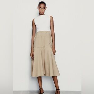 Zara Tan white two tone midi dress knit and cotton